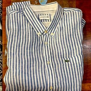NWOT Lacoste Men's Regular-Fit Stripe Linen Shirt Blue/White Size XL